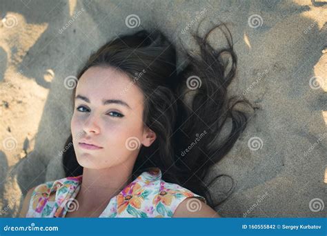 Sexy Woman Dark Hair Bikini White Shirt Relaxing Beach Stock Photos