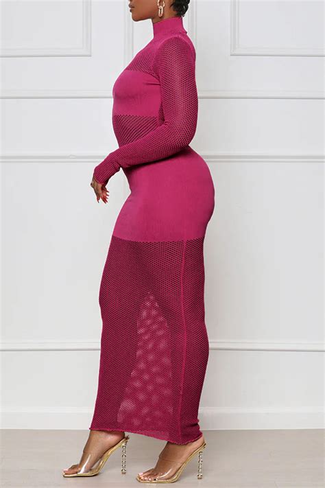 Wholesale Rose Red Sexy Solid Patchwork See Through Half A Turtleneck One Step Skirt Dresses