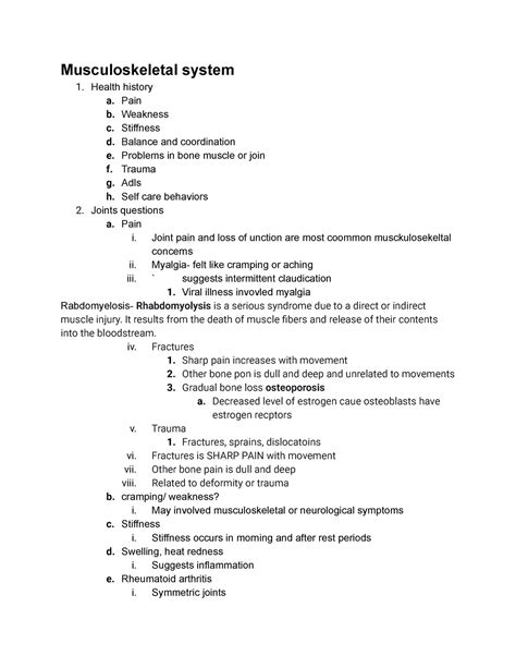 Health Assessment Musculoskeletal System Health History A Pain B