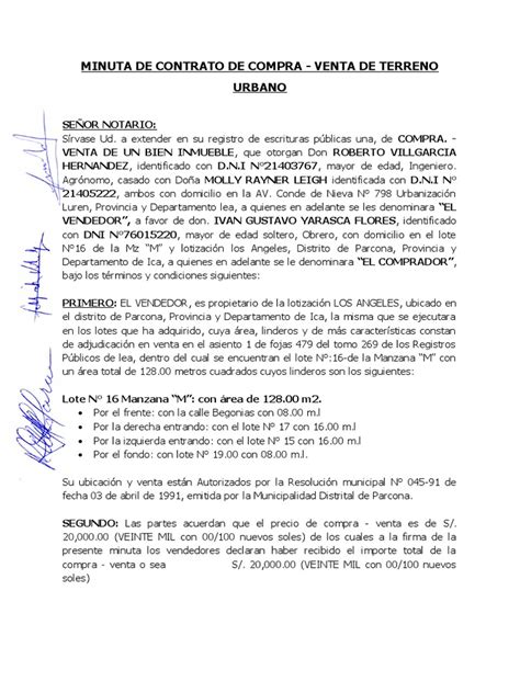 Minuta De Contrato De Compra Venta De Terreno Urbano Pdf