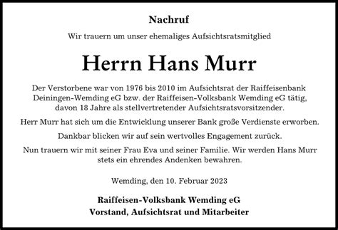 Traueranzeigen Von Hans Murr Augsburger Allgemeine Zeitung