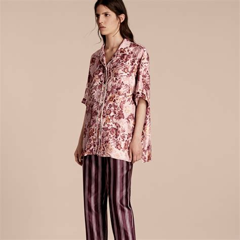 Short Sleeved Floral Print Silk Pyjama Style Shirt In Pink Heather Women Burberry United States