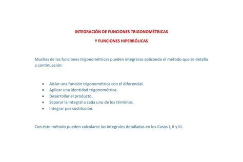 Integraci N De Funciones Trigonom Tricas Y Funciones Hiperb Licas