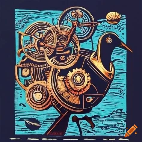 Steampunk Spacebird Linocut On Craiyon