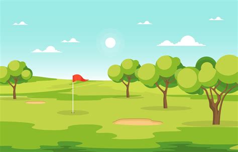 Golf Course With Red Flag Trees And Sand Traps Vector Art At