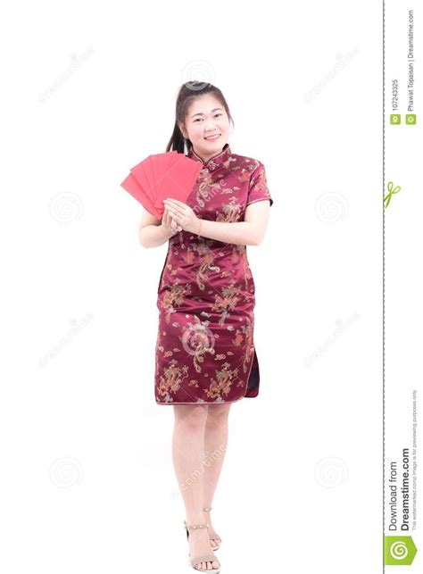 Beautiful Asian Woman Wears Cheongsam On White Background Stock Image