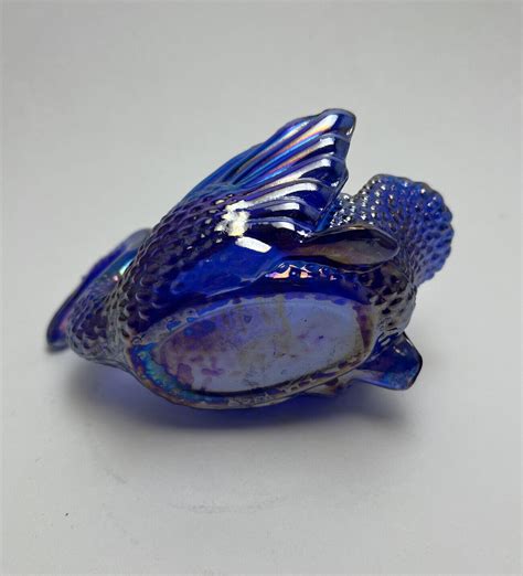 Vintage Cobalt Blue Iridescent Carnival Glass Swan Open Salt Cellar