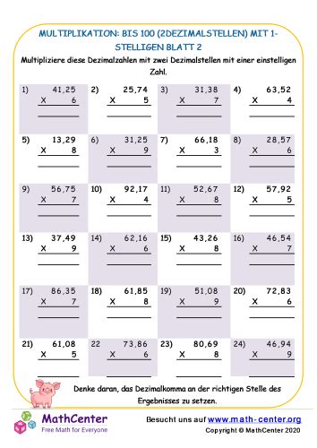 Multiplikation Bis Dezimalstellen Mit Stelligen Blatt