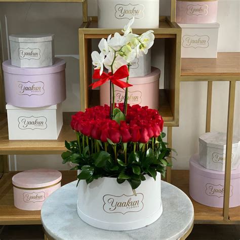 Caja circular blanca con 70 rosas y maceta de orquídea phalenosis