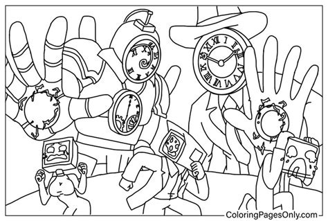 A Coloring Page With Cartoon Characters In Front Of A Clock And Two