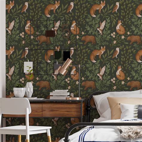 Woodland animals wallpaper, nursery decor woodland, wallpaper with fox