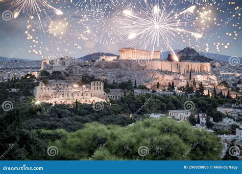 Fireworks Display Over Athens Happy New Year Stock Photo - Image of ...