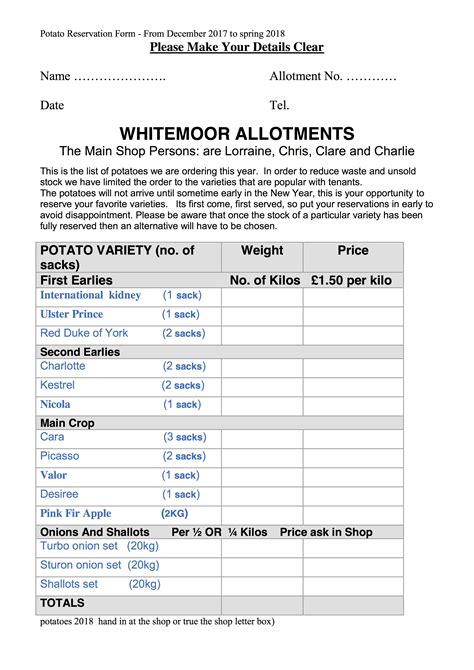 Potatoes Orders For Janfeb 2018 Whitemoor Allotments Nottingham