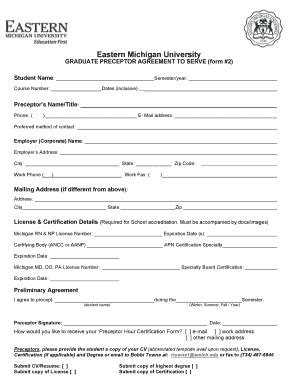 Fillable Online Emich GRADUATE PRECEPTOR AGREEMENT TO SERVE Form 2