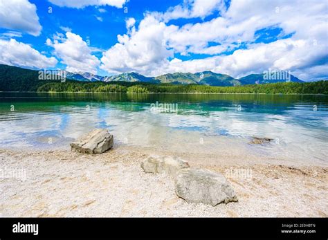 Paradise Beach At Eibsee Lake Beautiful Landscape Scenery With Clear