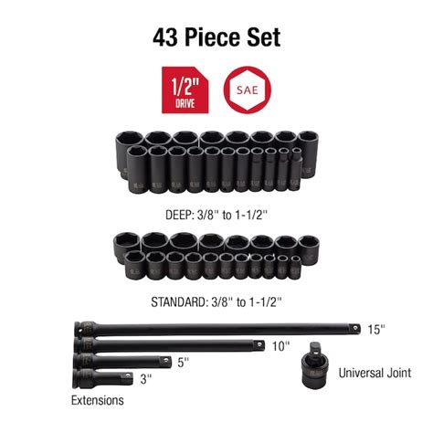 Sunex Tools 43 Piece Standard Sae 12 In Drive Set 6 Point Impact Socket Set 2568 At