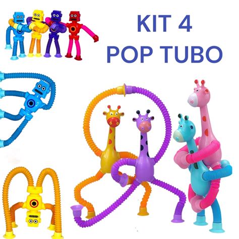 Kit Pop Tube Tubo Esticado Led Girafa Melman Brinquedo