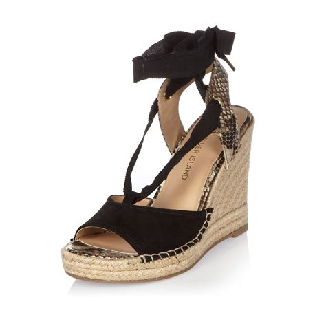 Lyst River Island Black Suede Lace Up Wedge Sandals In Black