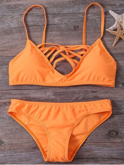 Off Spaghetti Strap Strappy Bikini Set In Sweet Orange Zaful