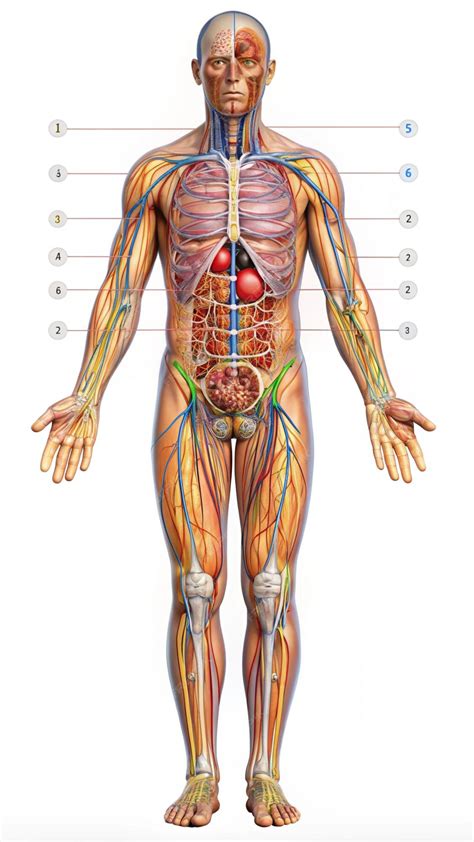 A diagram of a human body with the organs labeled with the body labeled ...