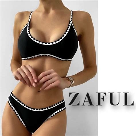 Zaful Swim Zaful Contrast Piping Black And White Bikini New With