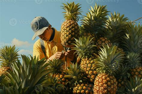 a man harvesting pineapples in the field. concept of harvesting ...