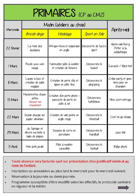 Programme Des Mercredis Au Centre De Loisirs De F Vrier Avril P Le