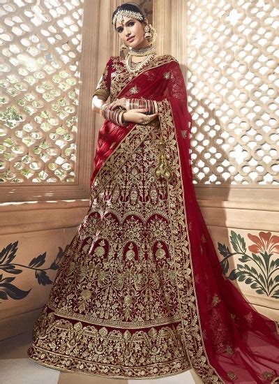 Dark Maroon Velvet Embroidered Heavy Designer Indian Wedding Lehenga