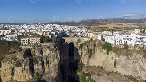 Aerial drone view of The Puente Nuevo, New Bridge in Ronda. White