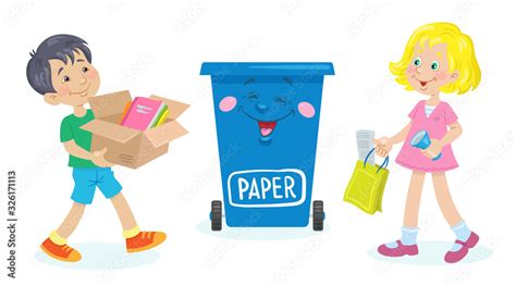 Children throw out paper trash in a blue dustbin for recycling. Separate garbage collection. In ...