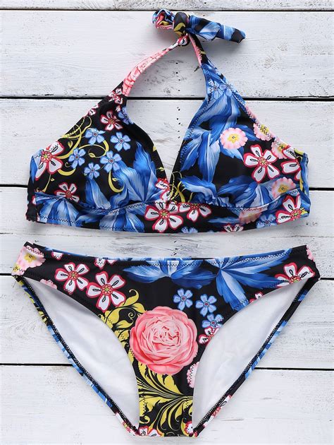 20 OFF 2021 Halter Neck Flower Print Bikini Set In BLACK ZAFUL