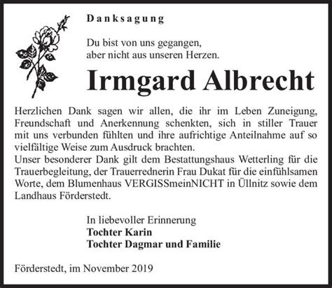 Traueranzeigen Von Irrngard Albrecht Abschied Nehmen De