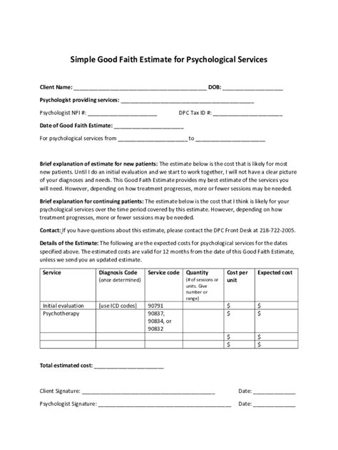 Fillable Online Simple Good Faith Estimate For Psychological Services