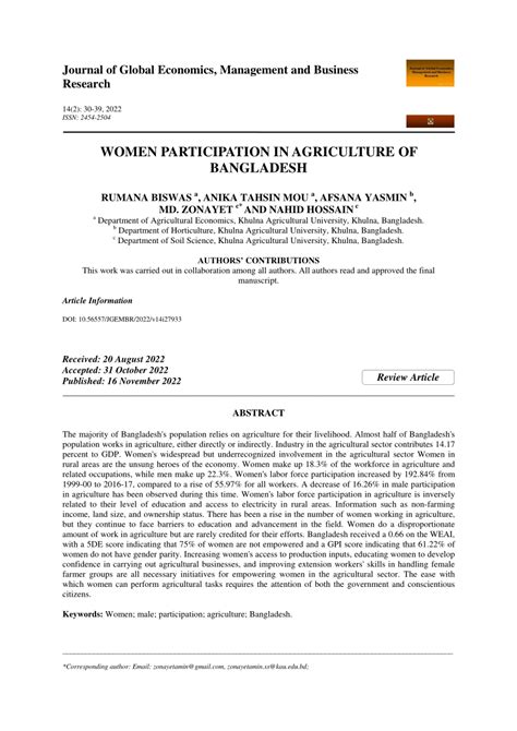 (PDF) WOMEN PARTICIPATION IN AGRICULTURE OF BANGLADESH