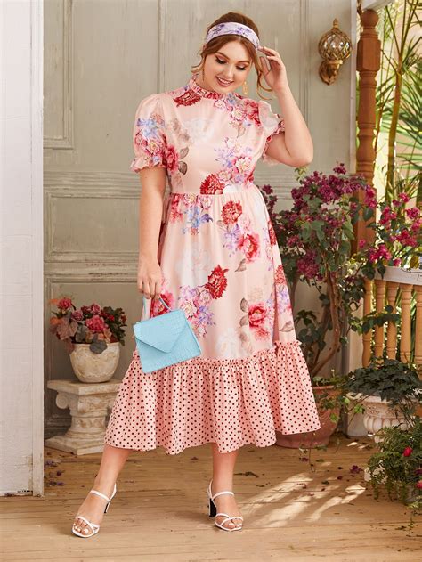 Plus Frilled Neck Polka Dot Ruffle Hem Floral Dress Shein Usa