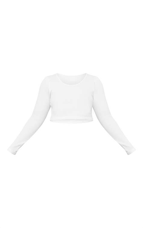 Plus White Structured Contour Ribbed Round Neck Long Sleeve Crop Top Prettylittlething Aus