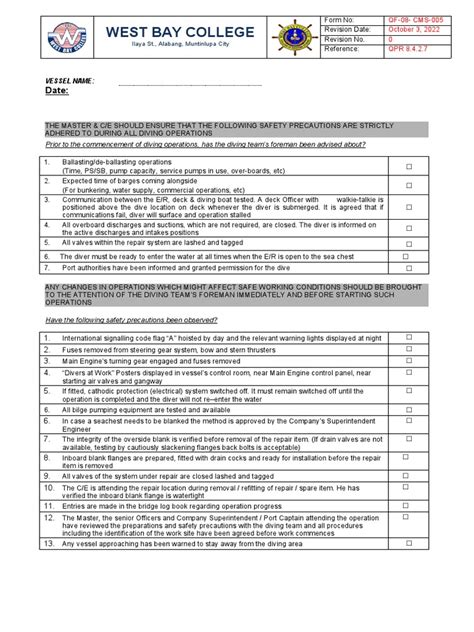 VSAF 05 Diving Checklist | PDF | Scuba Diving | Underwater Diving