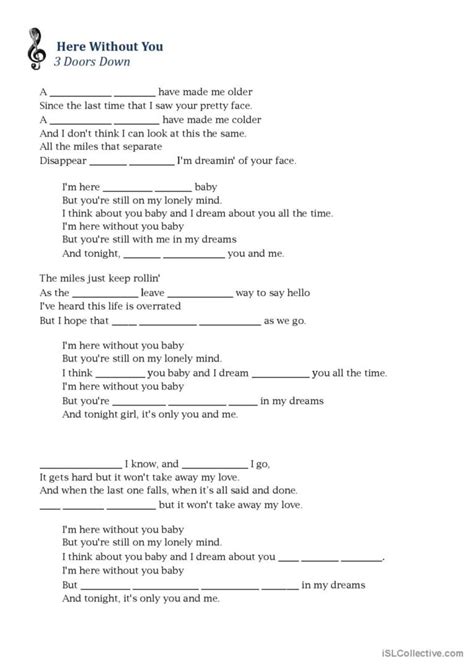 3 Doors Down Here without you warmer…: English ESL worksheets pdf & doc