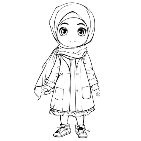 Premium Vector Black And White Cute Cartoon Illustration Of Hijab Girl