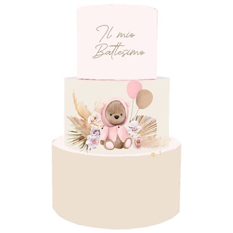 Torta Scenografica Battesimo Orsetto Rosa Con Palloncini Cm H X