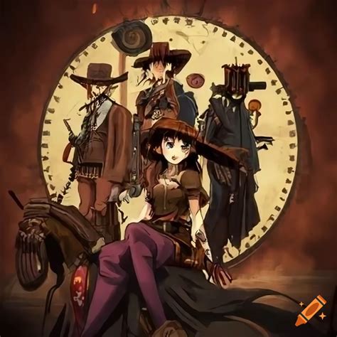 Poster Of A Wild West Outlaw Gang In Anime Steampunk Style On Craiyon