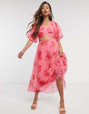 Asos Design Wrap Around Pleated Midi Dress In Floral Print Asos