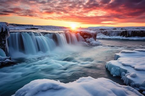 Premium AI Image | Godafoss waterfall at sunset in winter iceland