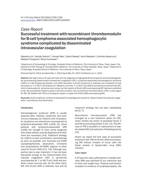 PDF Successful Treatment With Recombinant Thrombomodulin For B Cell