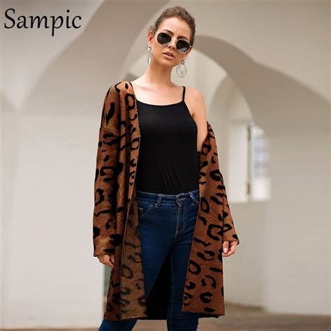 Sampic Outono Longo De Malha Estampa De Leopardo Cardigan De Grandes