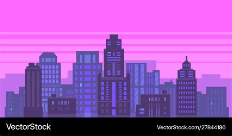 Pixel art neon night city with buildings panorama Vector Image