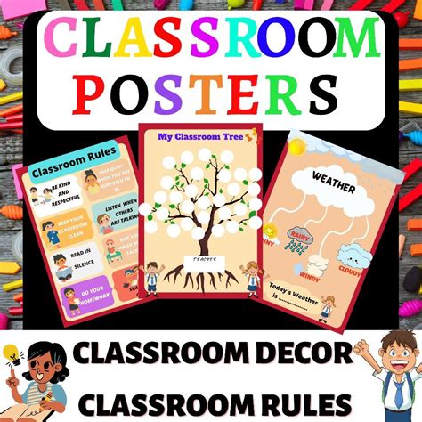 classroom posters with the words classroom rules and pictures on them, including an image of a tree