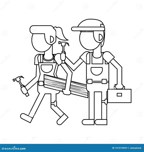 Construction Workers With Tools Cartoons In Black And White Faceless