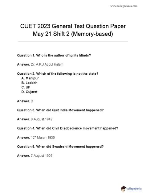 Cuet 2023 General Test Question Paper May 21 Shift 2 1 Pdf