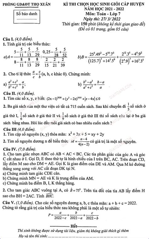 Đề thi học sinh giỏi huyện Toán 7 phòng GD ĐT Thọ Xuân Thanh Hoá năm